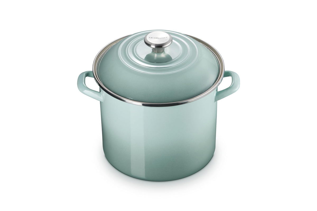 Le Creuset 10 qt stockpot in Sea Salt heats quickly for soups and stocks