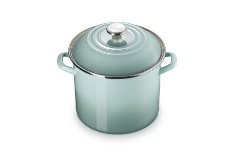 Le Creuset 10 qt stockpot in Sea Salt heats quickly for soups and stocks