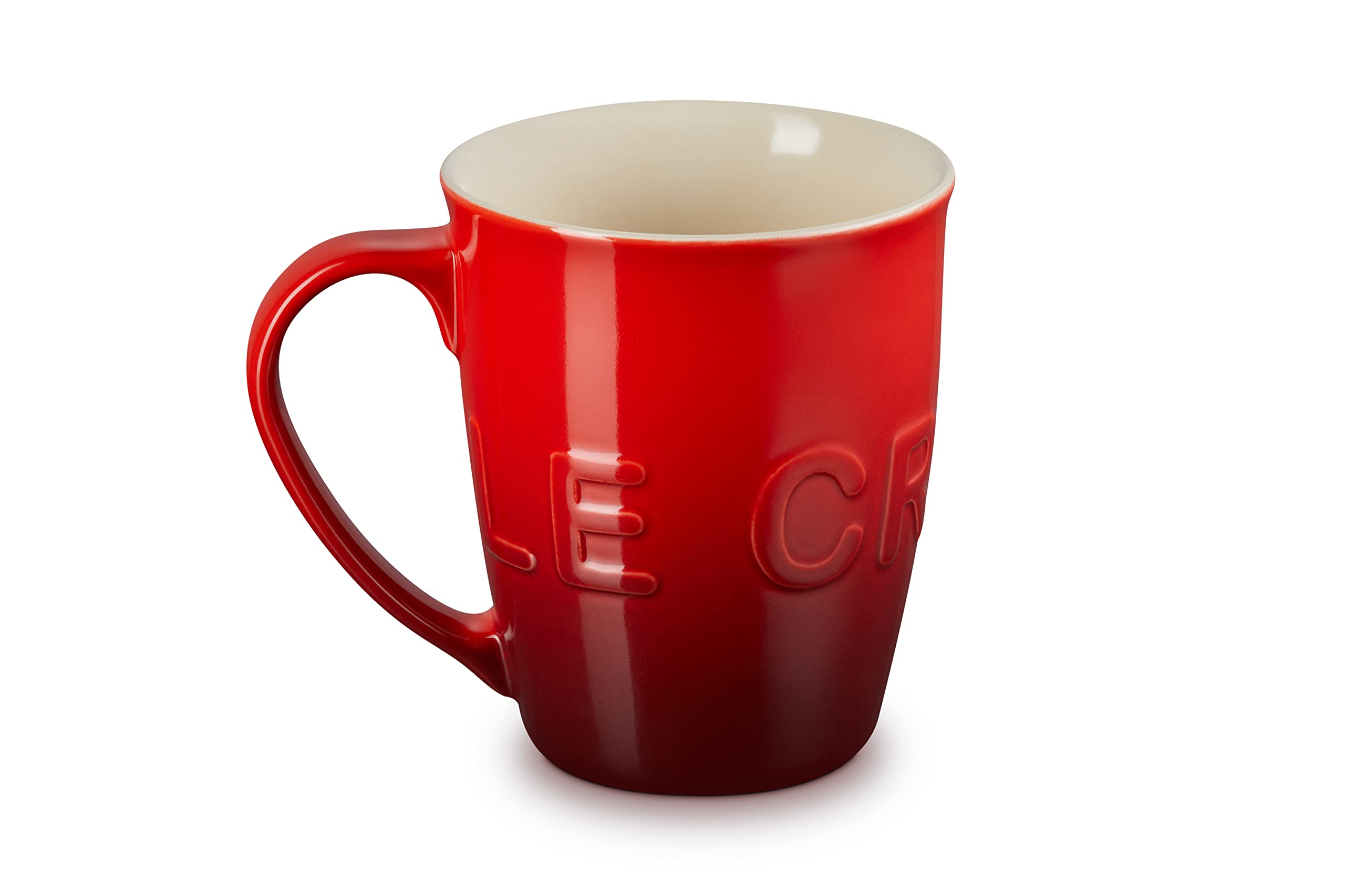 Le Creuset 20 oz Logo Mug in Cerise with wrap-around branding and generous capacity