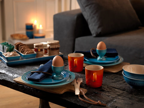 Le Creuset Stoneware Egg Cup Easter display, non-porous glaze resists flavor transfer