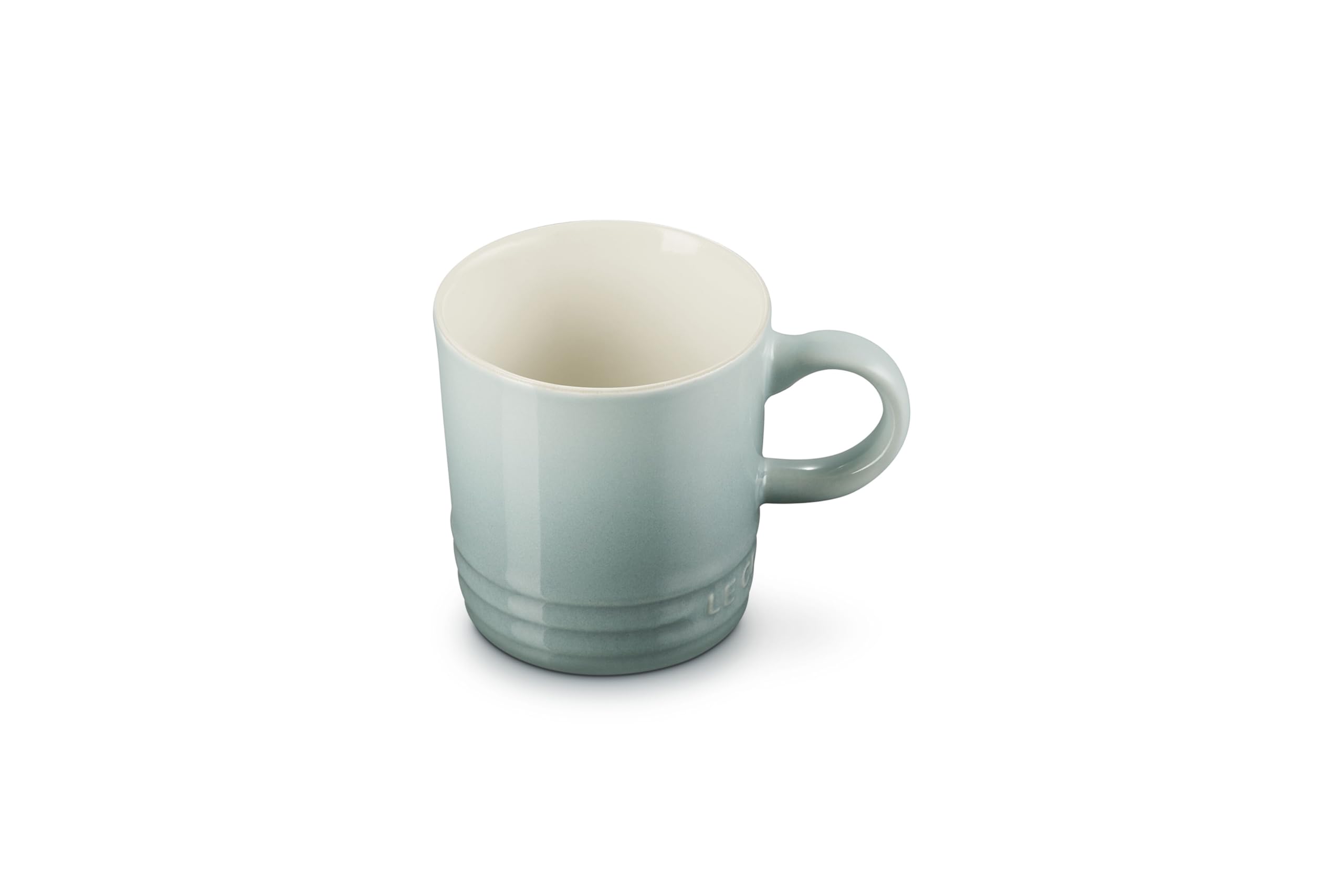 Le Creuset stoneware espresso mug Sea Salt 3 oz keeps espresso warm.
