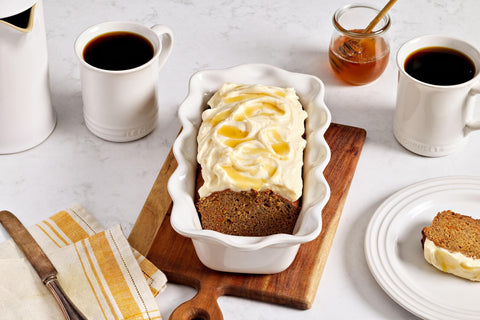 Le Creuset loaf pan maintains heat, keeps servings warm at table.