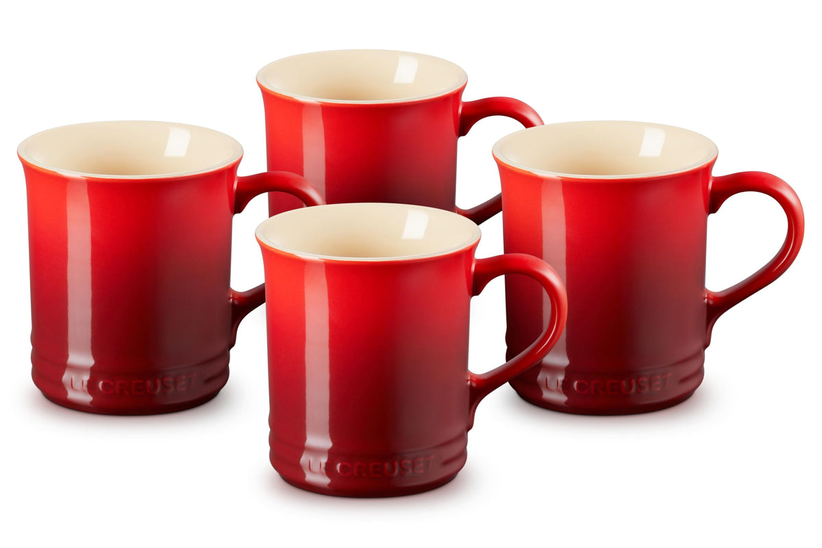 Le Creuset Cerise stoneware mug, front view shows vibrant color for morning coffee