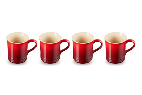 Le Creuset Cerise mugs stacked together highlight compact storage and cohesive tableware