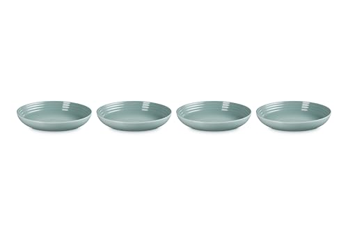 Glossy Sea Salt glaze on Le Creuset pasta bowls for durable daily use.