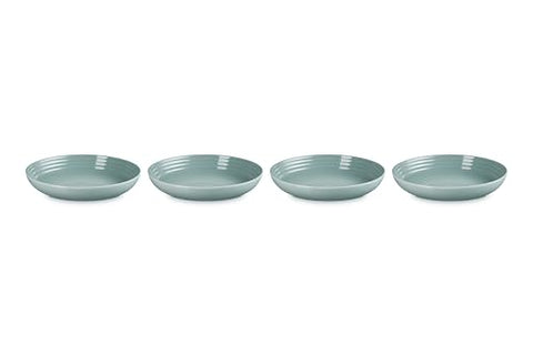 Glossy Sea Salt glaze on Le Creuset pasta bowls for durable daily use.