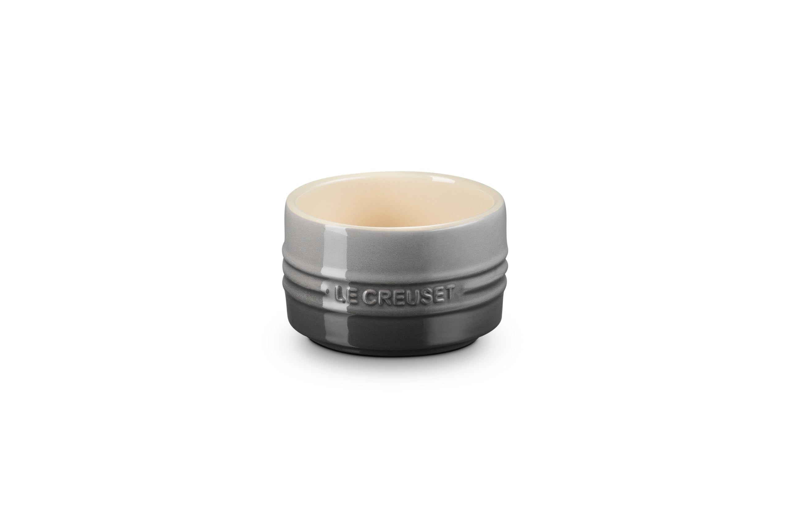 Le Creuset oyster-glazed stoneware ramekin ready for individual desserts and elegant presentation.