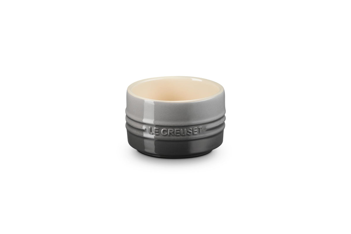 Le Creuset oyster-glazed stoneware ramekin ready for individual desserts and elegant presentation.