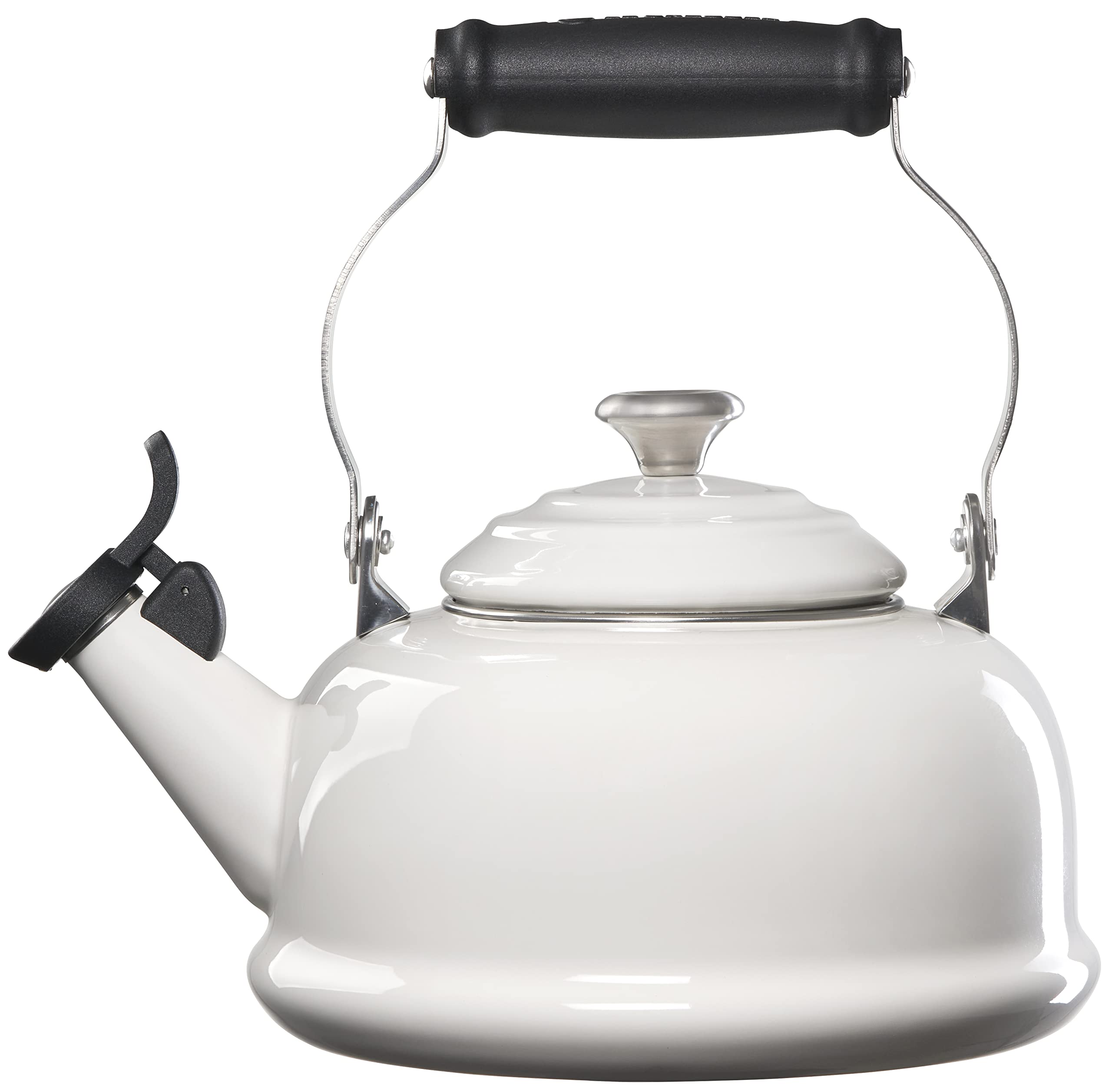 Le Creuset kettle whistle signals boiling for easy pouring.