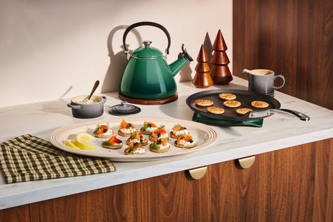 Le Creuset PRO crepe pan Rateau 11, metal utensil safe for versatile cooking.