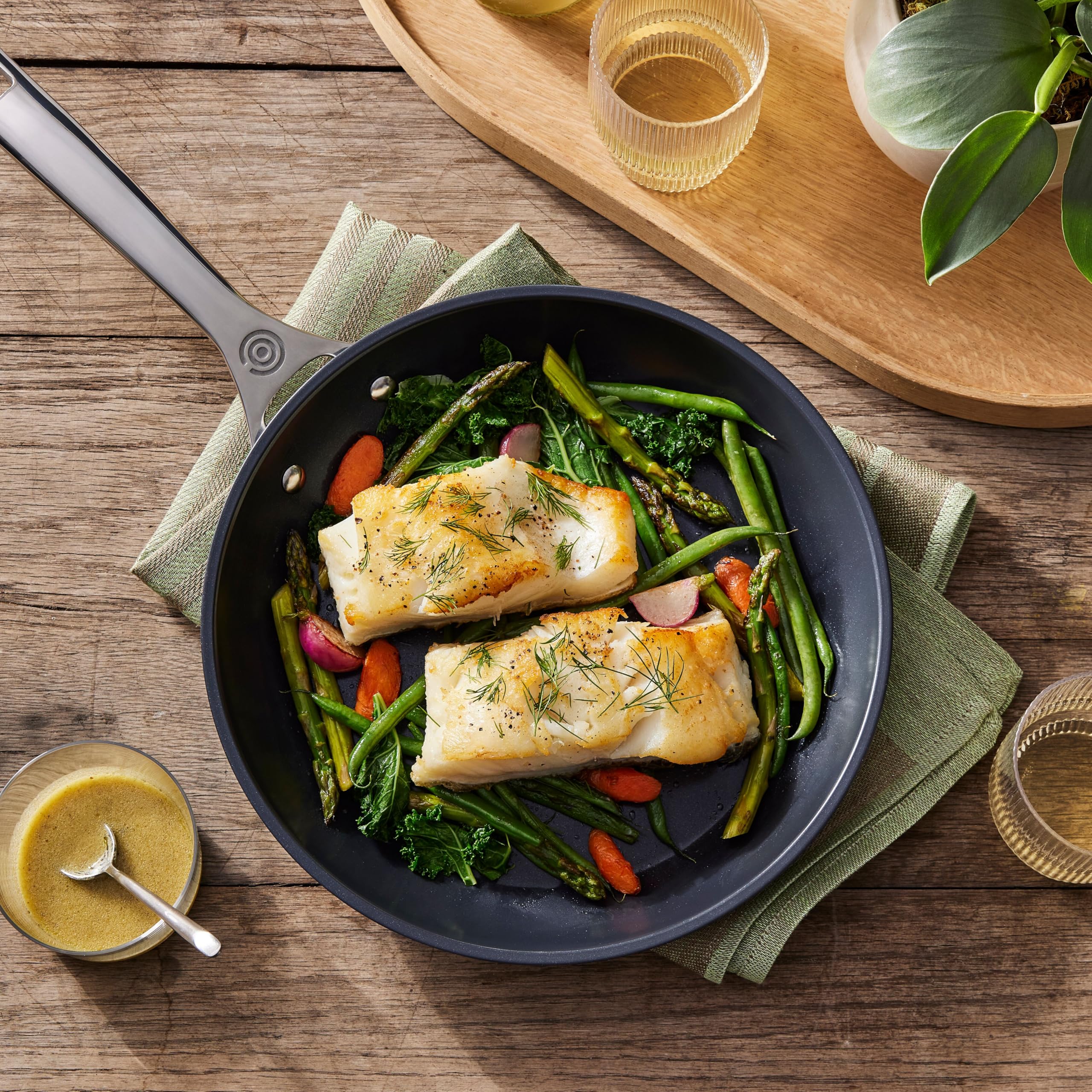 Le Creuset nonstick surface shows easy-clean capability after cooking