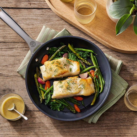 Le Creuset nonstick surface shows easy-clean capability after cooking