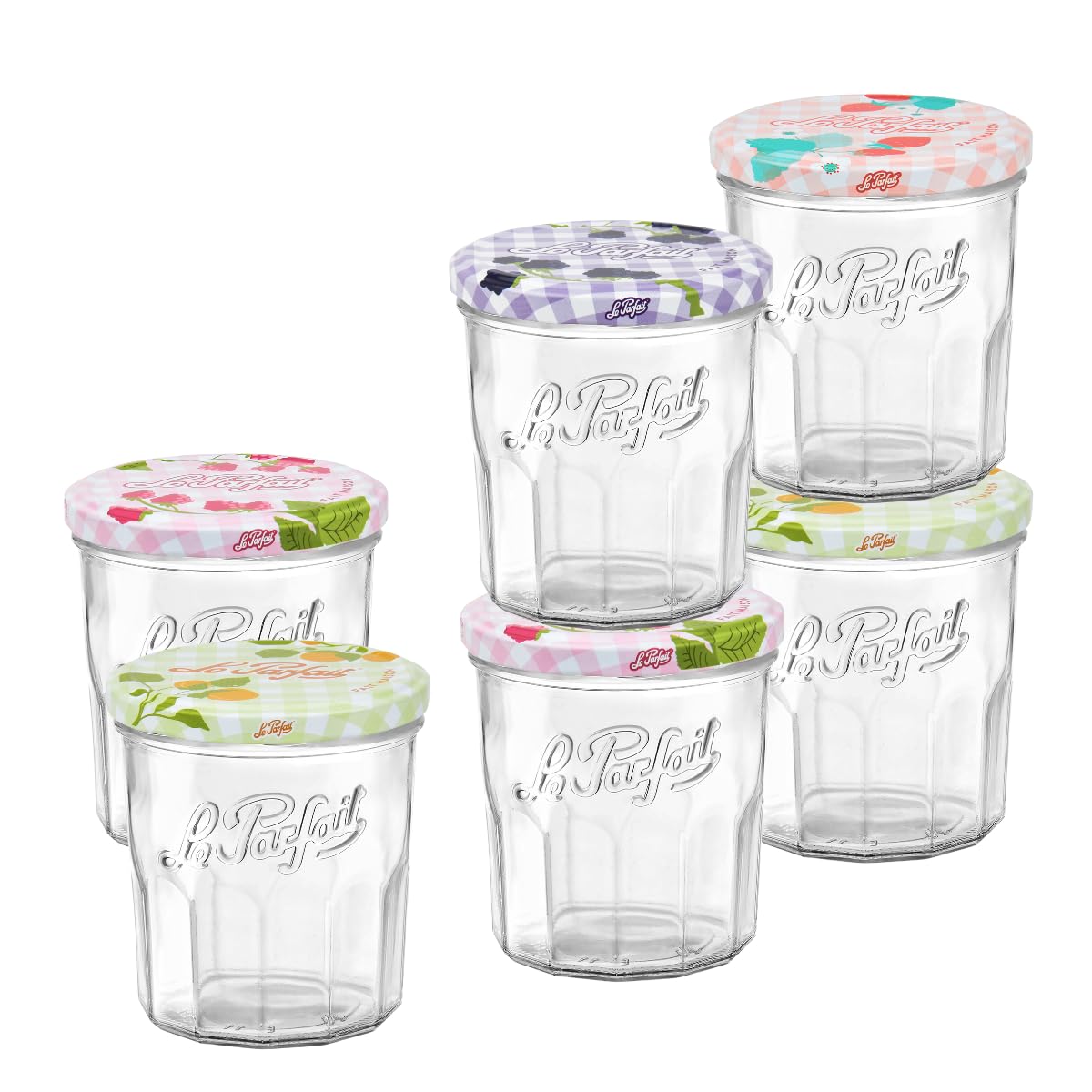 Le Parfait jam jars in clear 11oz glass showcase bright preserves.