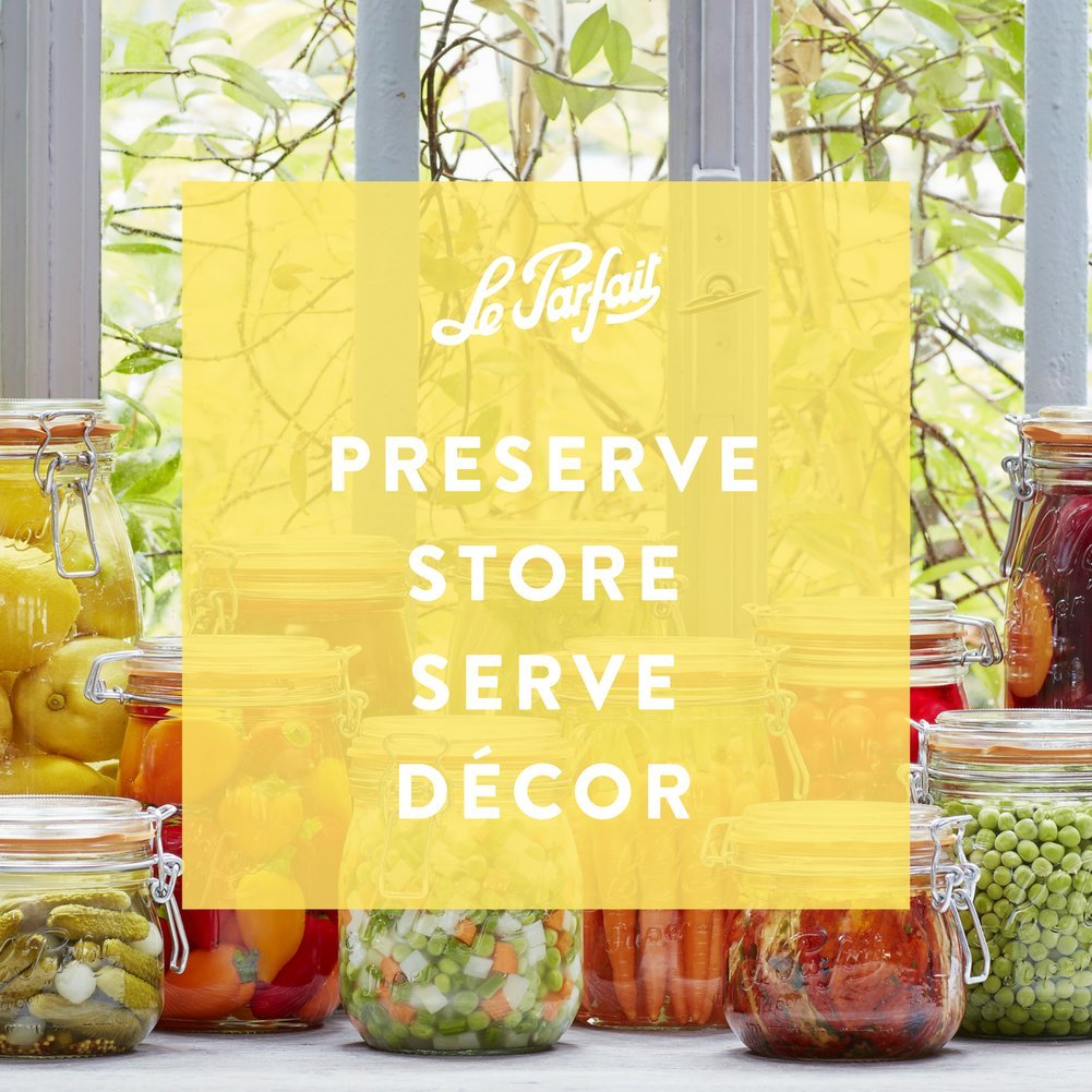 Preserve harvest in Le Parfait Super Jar 1L for jams or sauces.