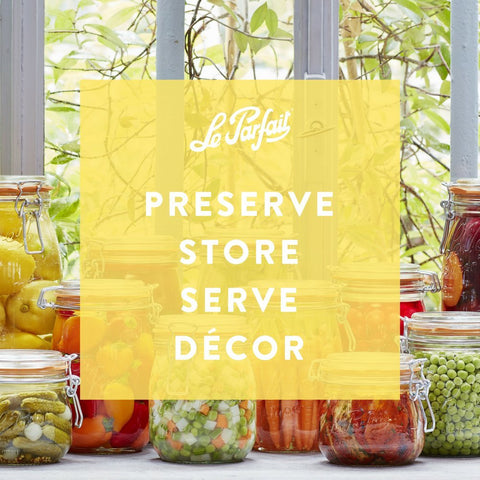 Preserve harvest in Le Parfait Super Jar 1L for jams or sauces.
