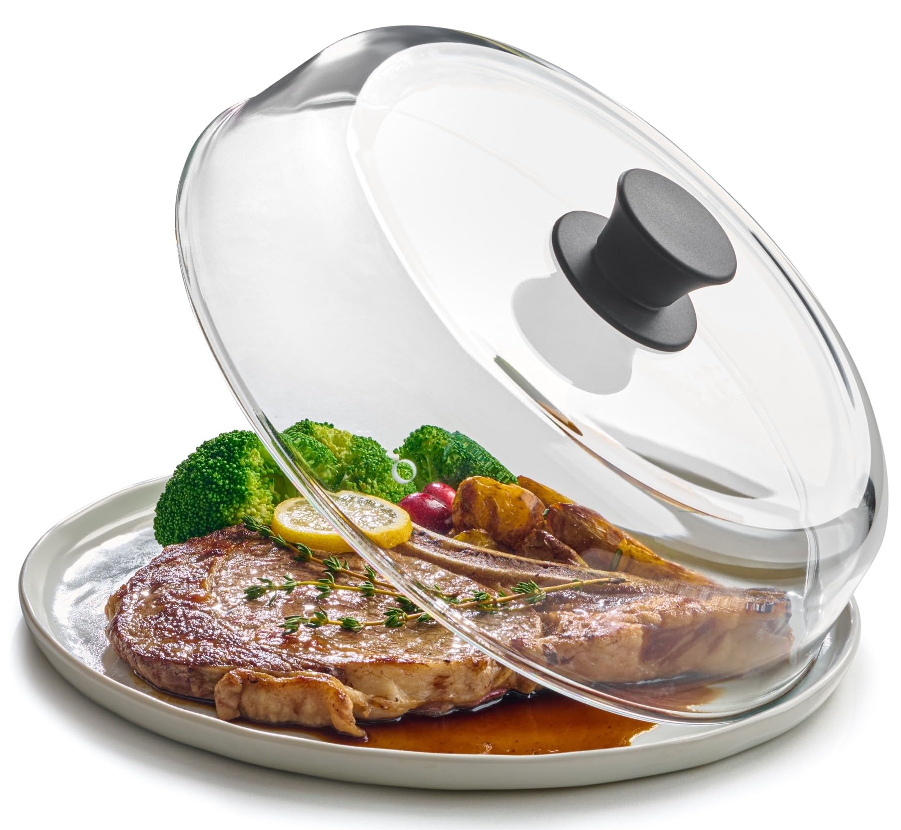 Le'raze 10-inch glass microwave splatter cover over a plate for mess-free reheating.