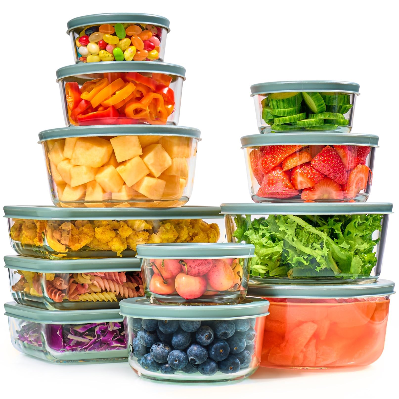Le'raze 24pc glass storage set with airtight lids keeps leftovers fresh and leak-free.
