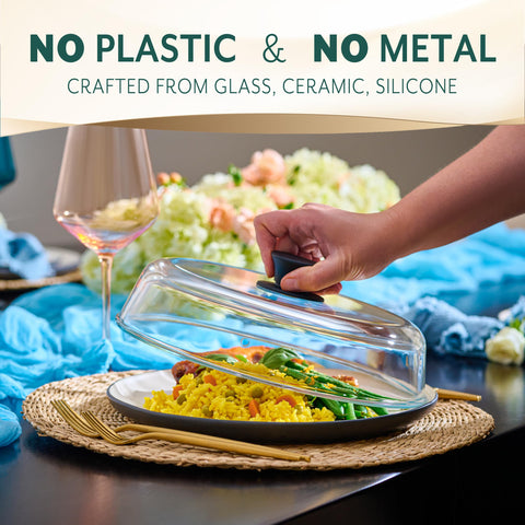 Le'raze glass lid with dual venting holes ensuring even heating during microwaving.