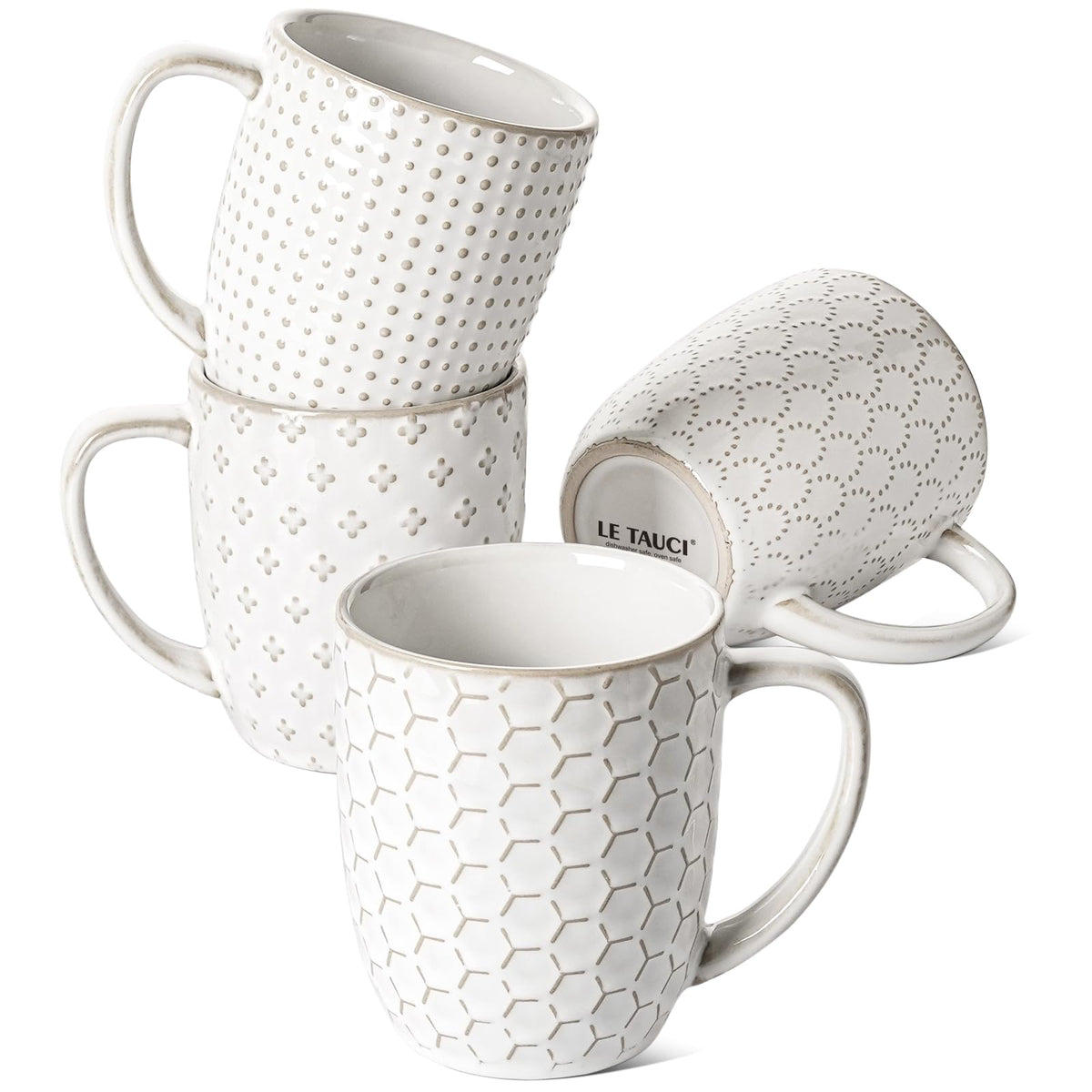 LE TAUCI embossed mug set displaying 12 oz capacity for espresso and latte