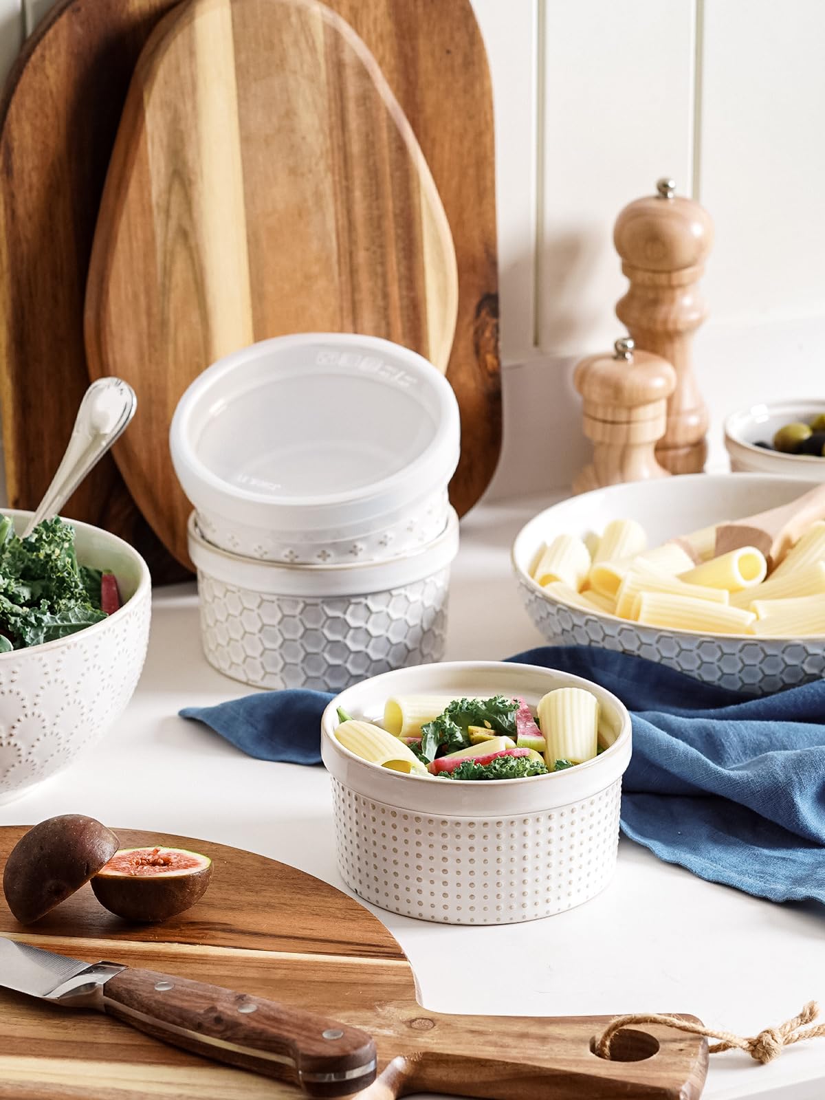 Ramekin set ready for soufflé and crème brûlée with even heat distribution