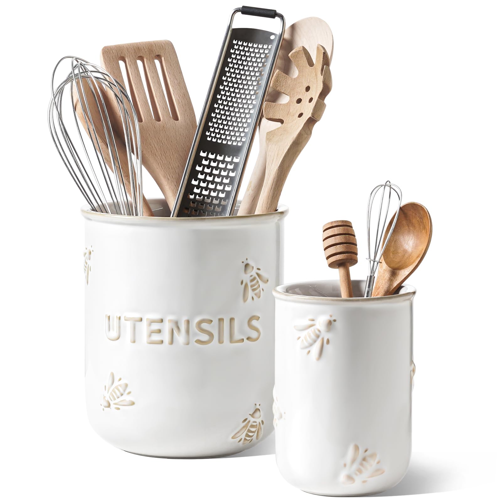 LE TAUCI large bee-embossed utensil holder in Arctic White keeps spatulas organized.