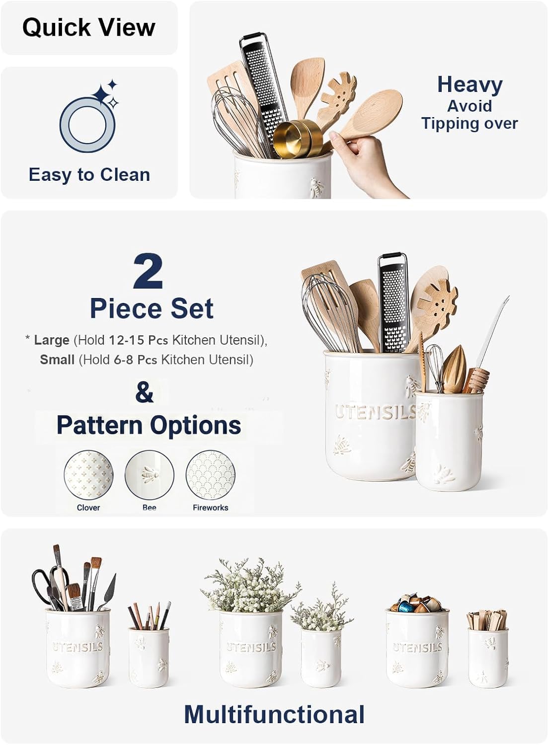 LE TAUCI small bee-embossed utensil holder in Arctic White stores spoons and forks.
