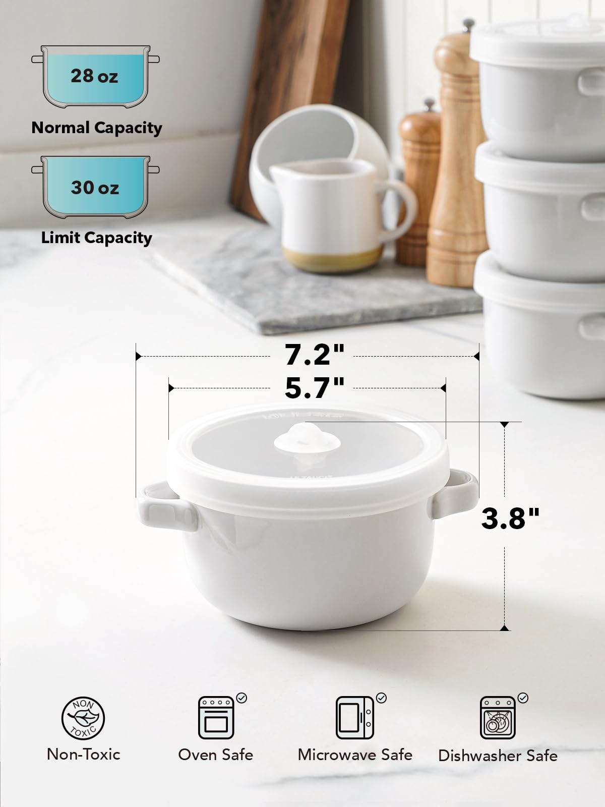 LE TAUCI ceramic bowls are oven safe up to 482°F for versatile cooking.