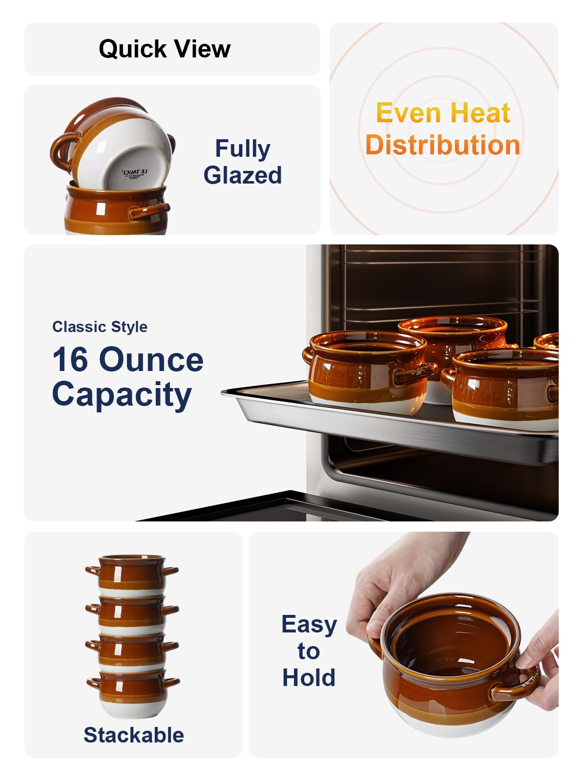LE TAUCI Ceramic Soup Crocks in an oven-safe design for baking and reheating.
