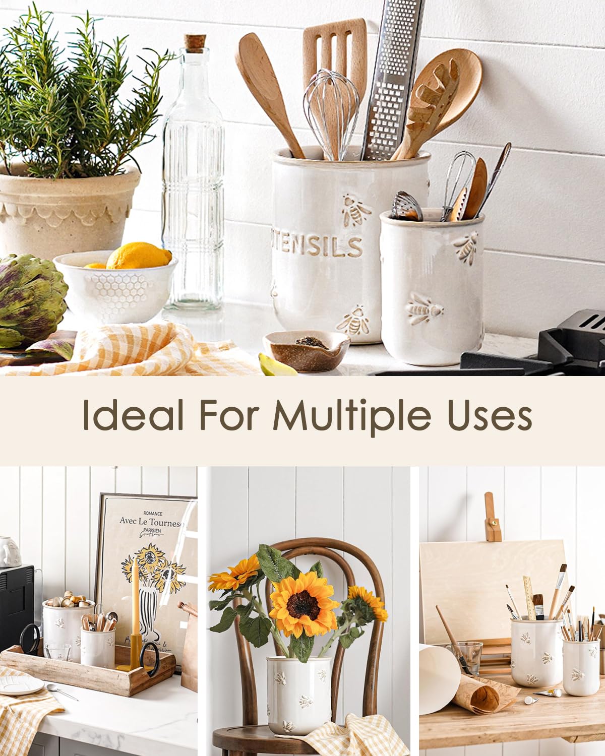 LE TAUCI ceramic utensil crock with bee design and durable glaze for daily use.