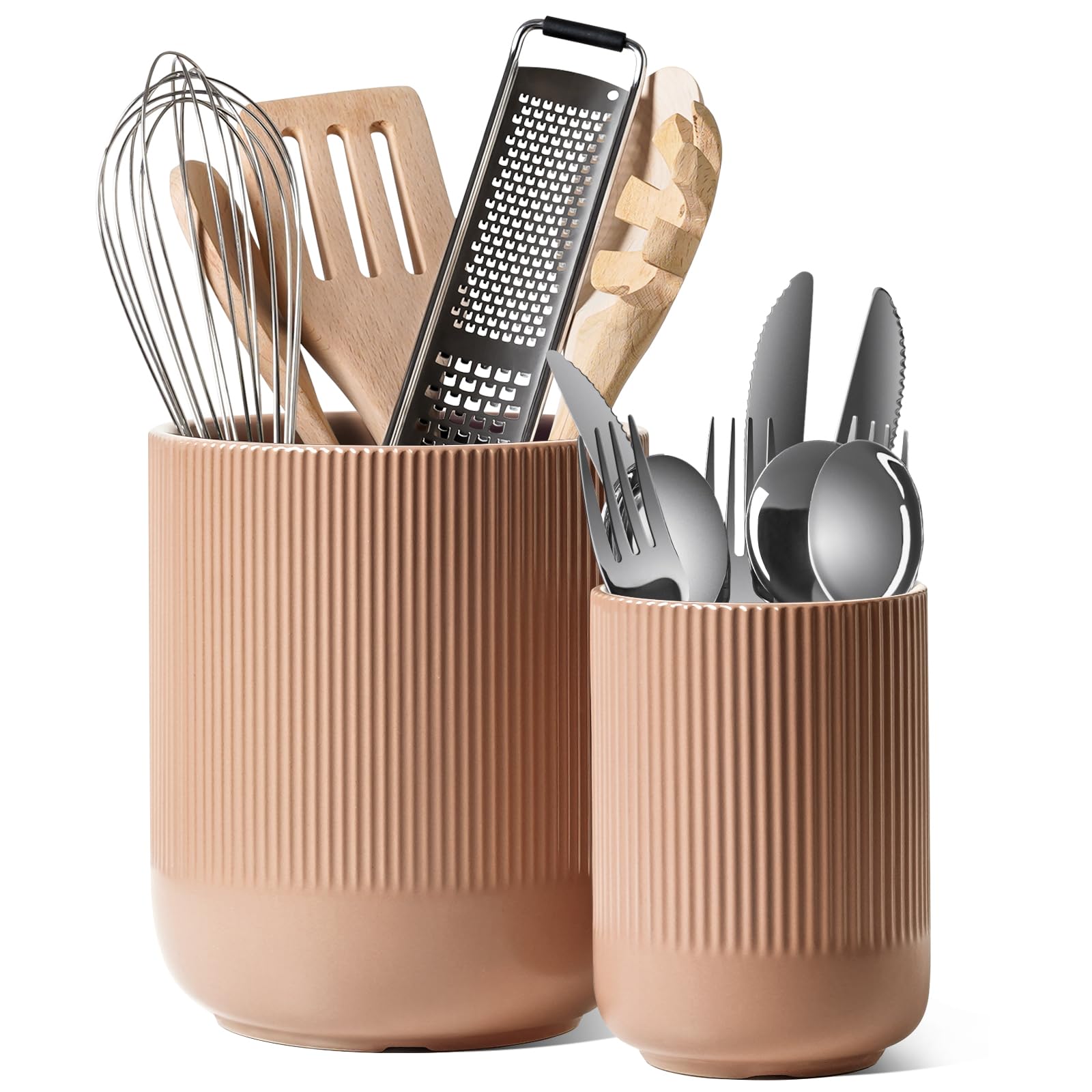 LE TAUCI ceramic utensil holder large in dusty pink for easy countertop organization.