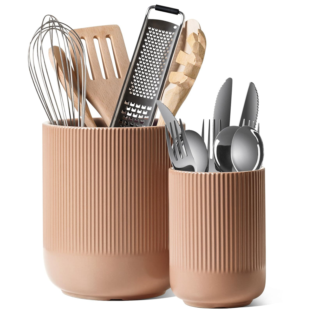 LE TAUCI ceramic utensil holder large in dusty pink for easy countertop organization.