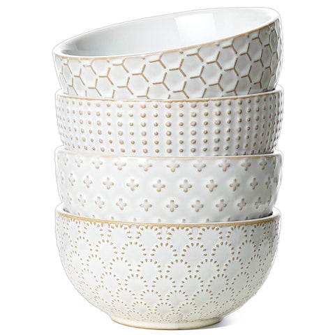 LE TAUCI embossed-stoneware cereal bowls, Arctic White, 26 oz, ideal for oatmeal and soups