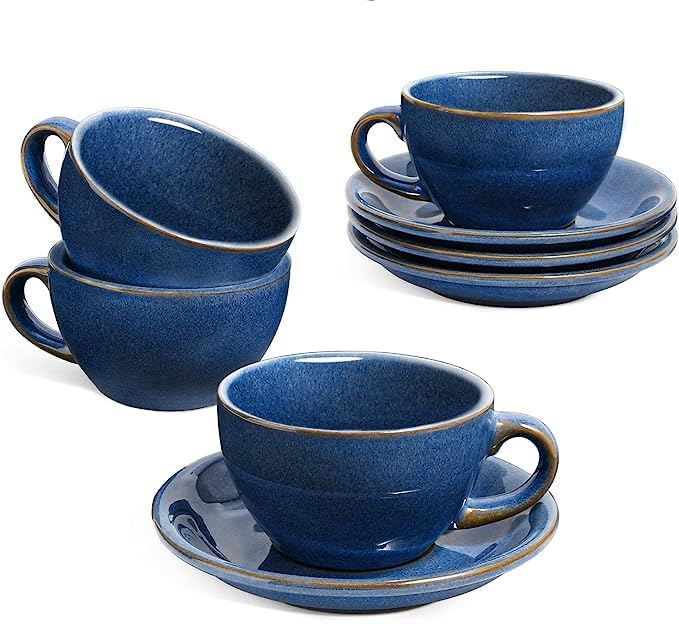 LE TAUCI Ceylon Blue ceramic cups emphasize comfortable grip and even heat retention.