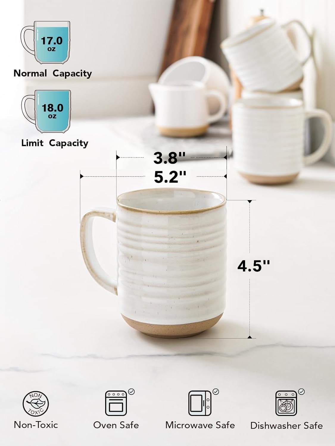 LE TAUCI 18oz handle closeup emphasizes ergonomic grip for lattes and cocoa.