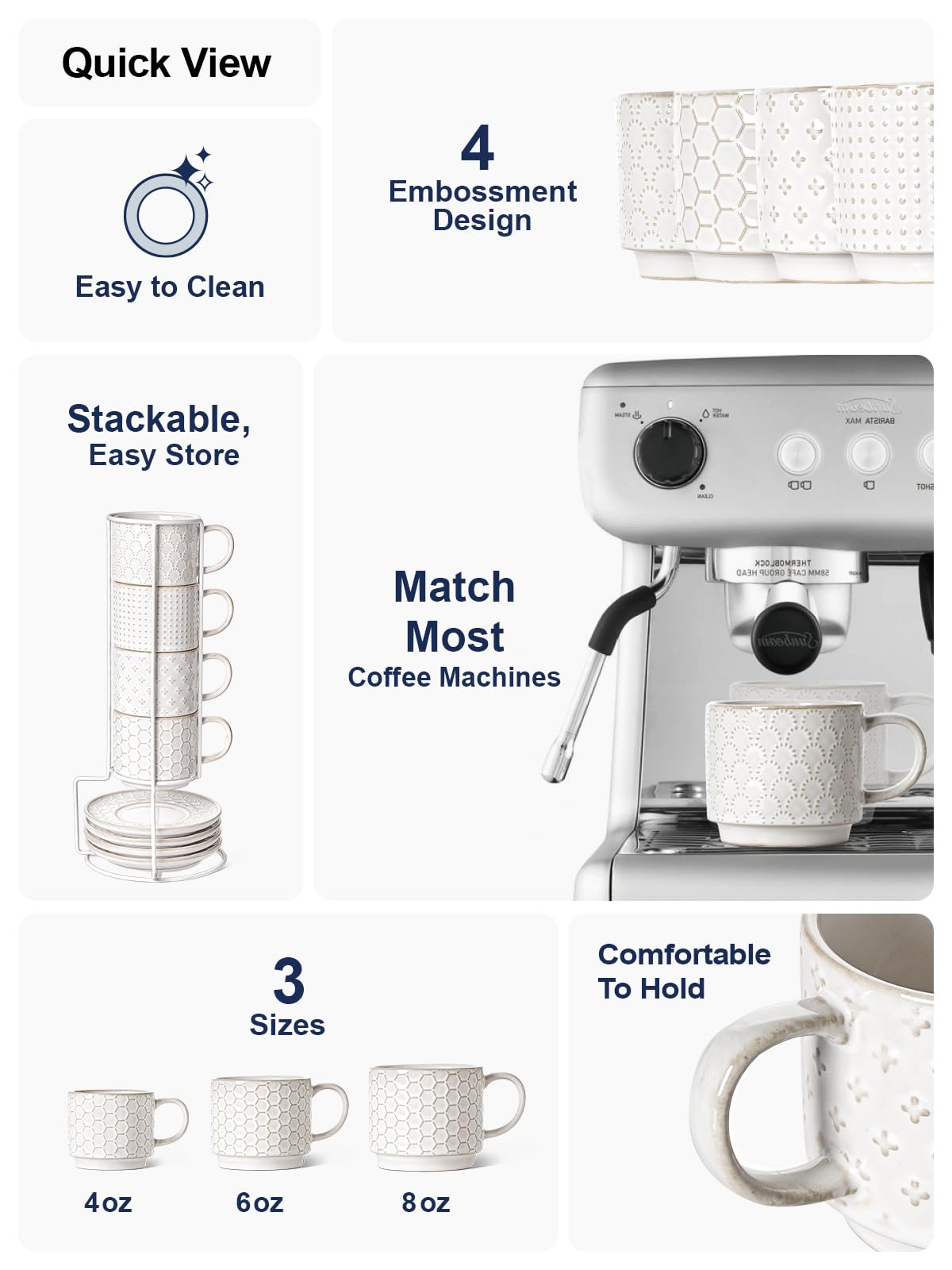 LE TAUCI cups with saucers enhance presentation and stability on the table.