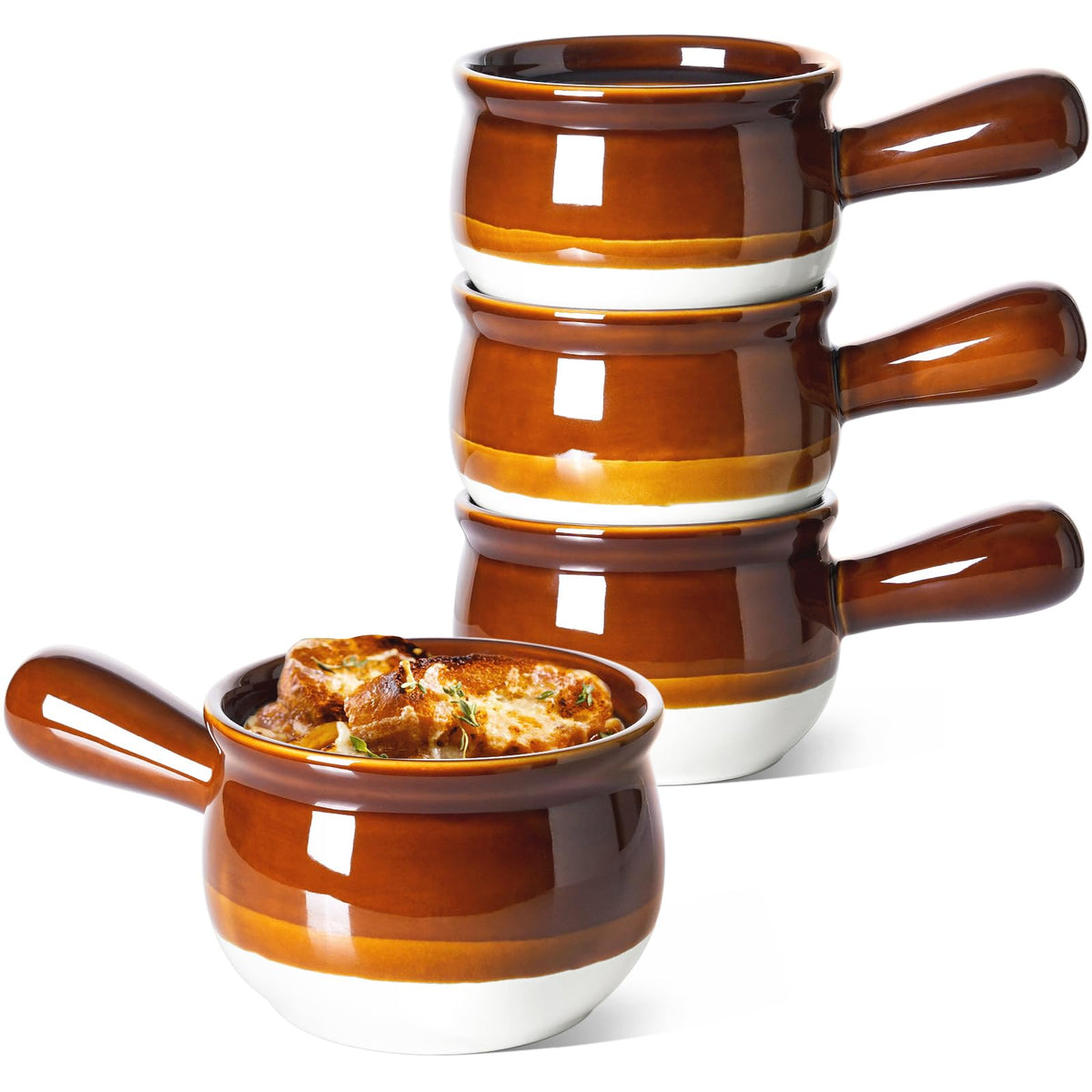 LE TAUCI French Onion Soup Bowls with two-hole handles for safe, easy transfer from oven to table
