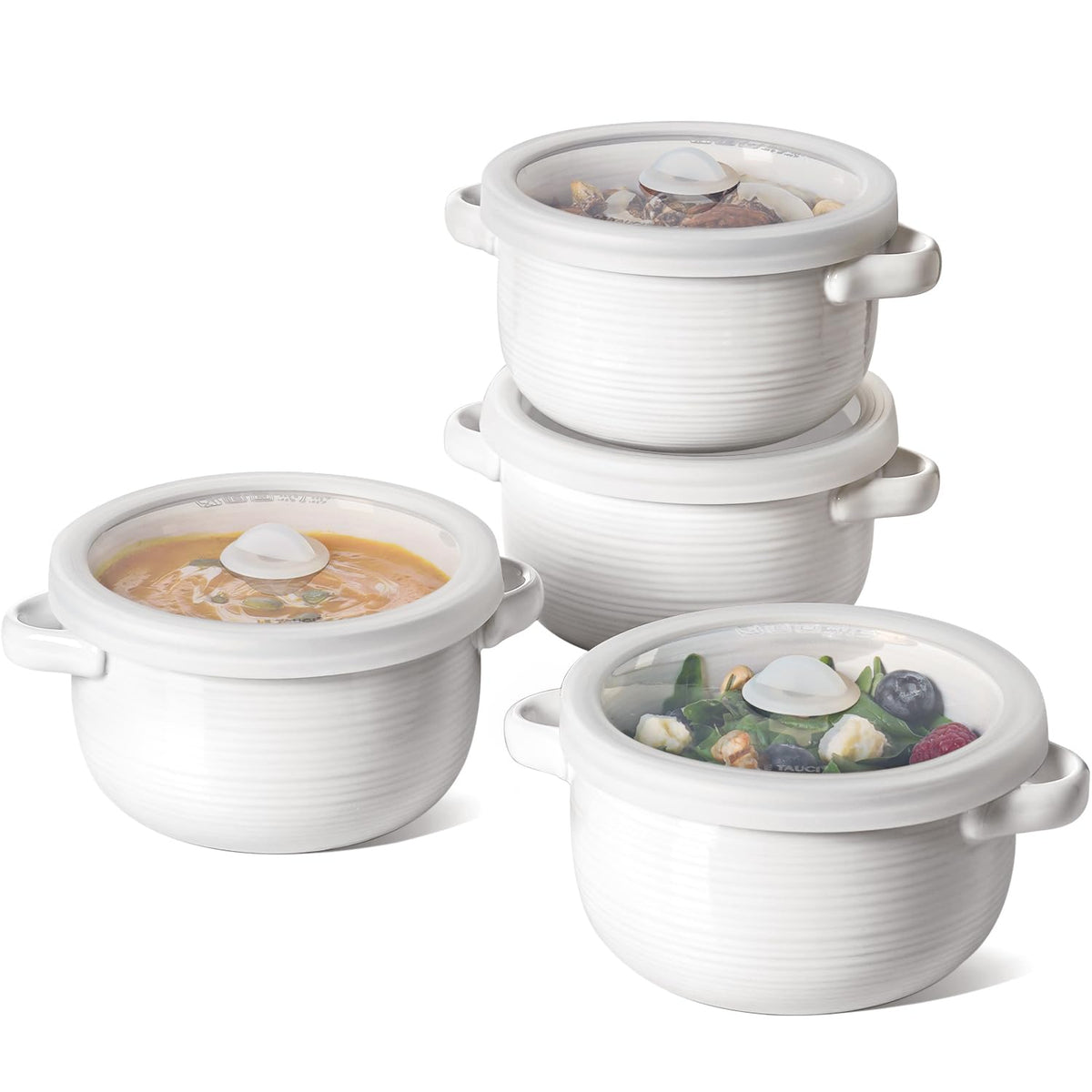 LE TAUCI French Onion Soup Bowls with vented silicone lids for even reheating and freshness