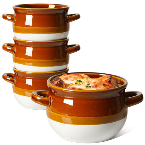 LE TAUCI French Onion Soup Bowls with Handles showing a 16oz portion ready to serve.