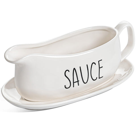 LE TAUCI gravy boat with saucer stand for neat sauces and dressings.