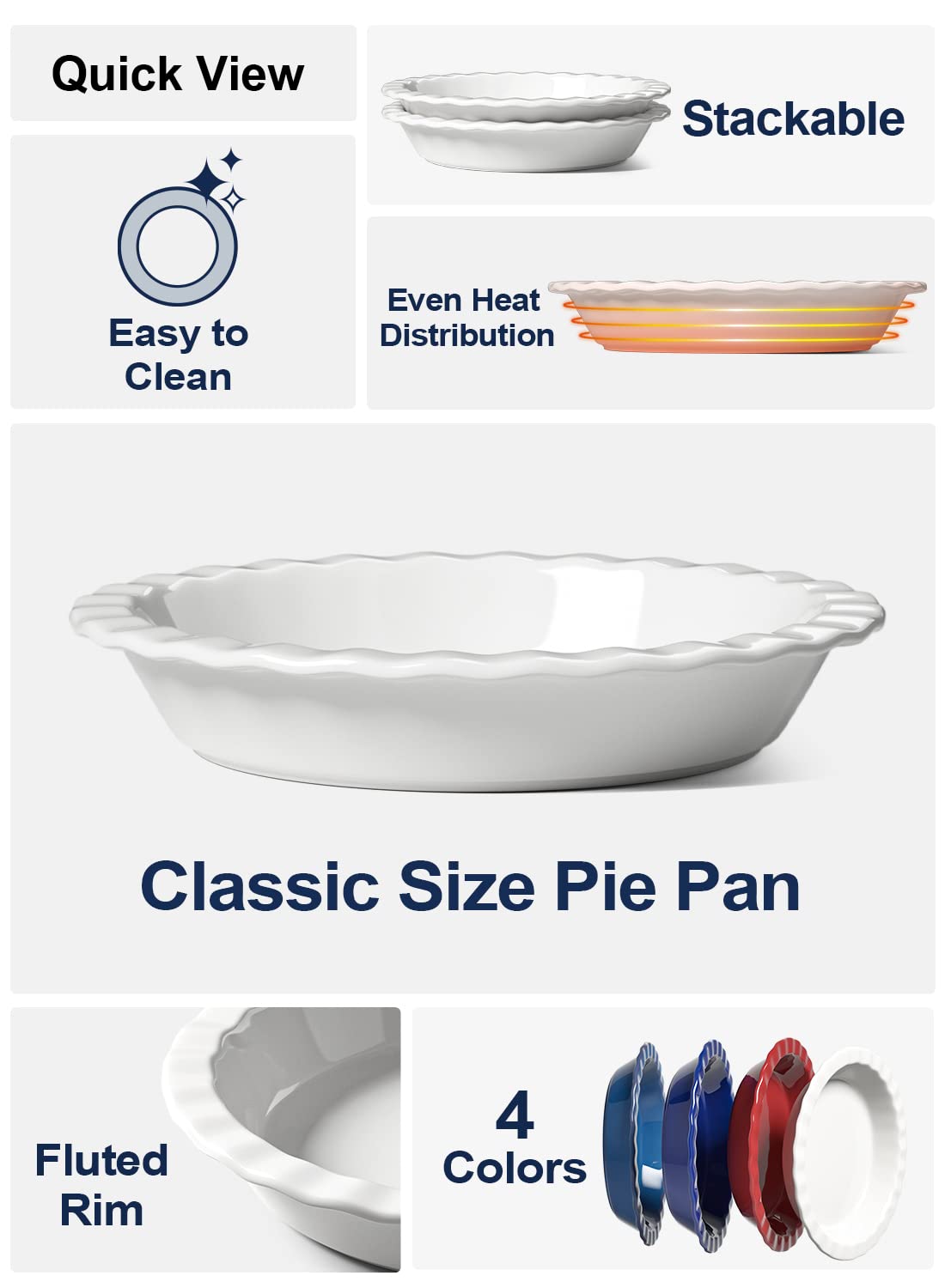 LE TAUCI 9-inch pie pan top view showing white ceramic finish.
