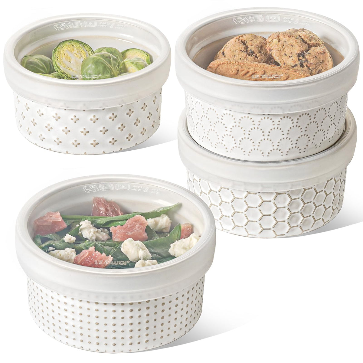 LE TAUCI ramekins with lids show embossed white design for elegant dessert servings.