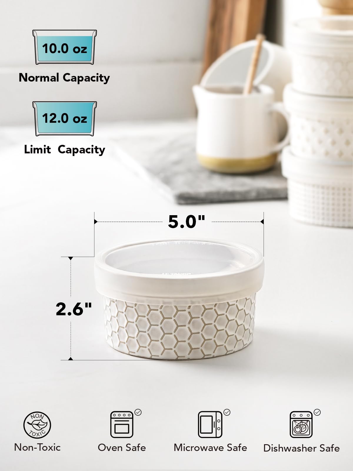 LE TAUCI ramekins are oven-safe and microwave-safe for versatile cooking and heating.