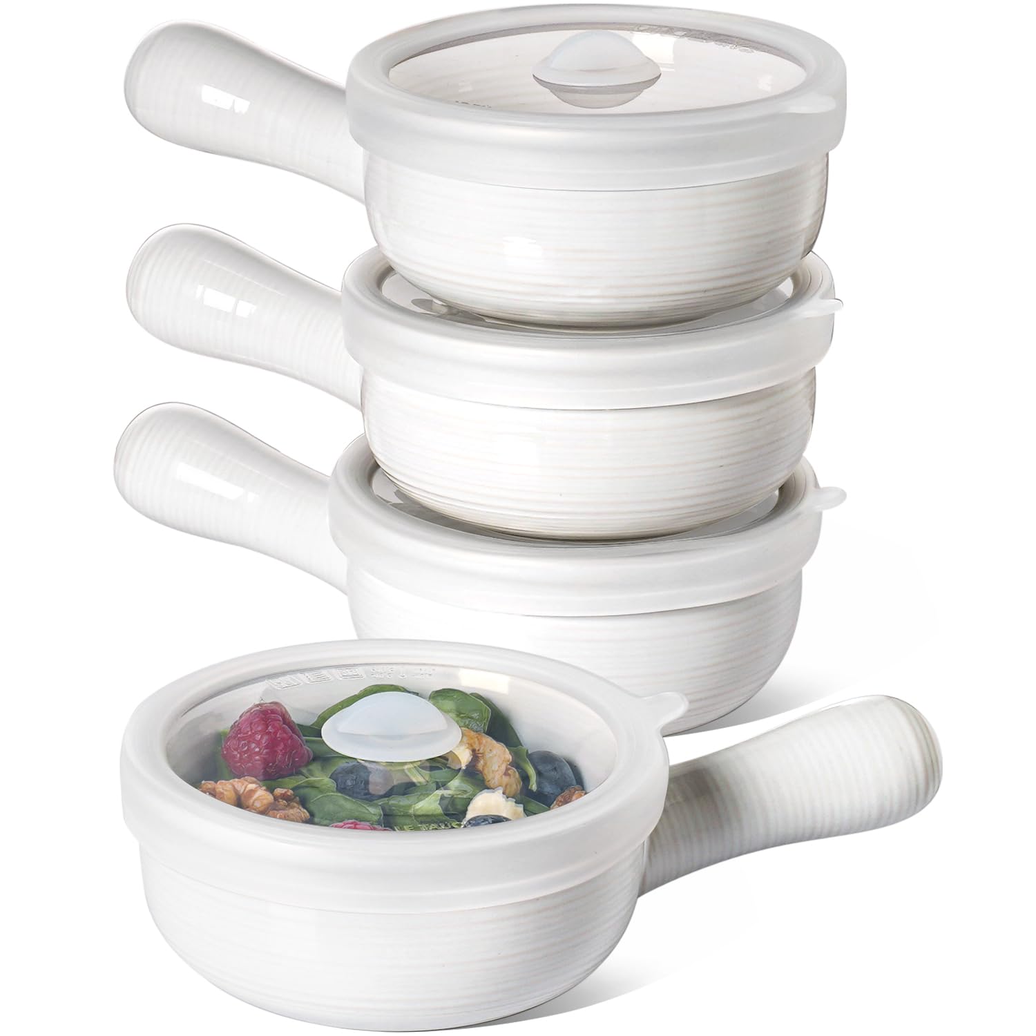 LE TAUCI soup bowls with handles and silicone lids for even heating and mess-free serving.