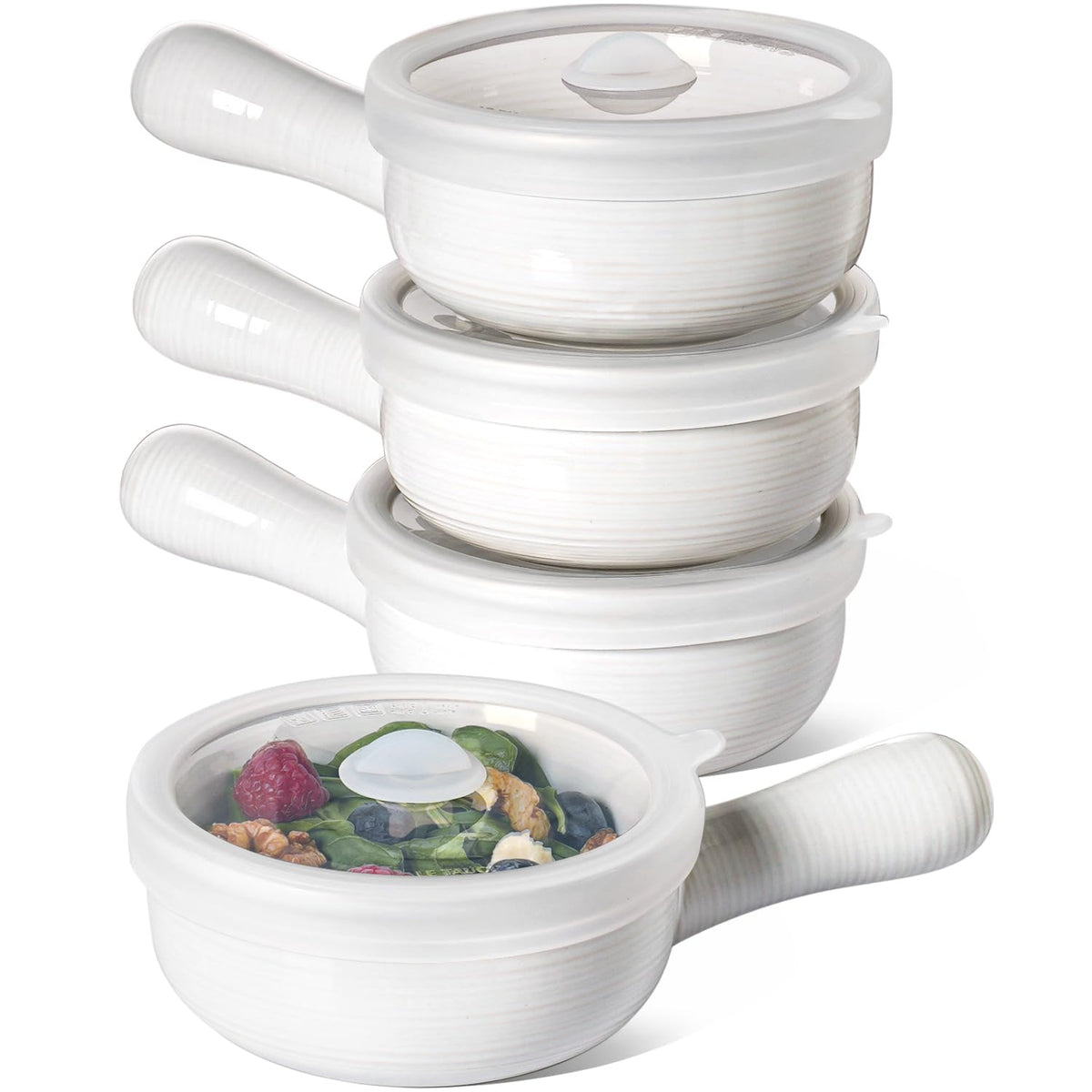 LE TAUCI soup bowls with handles and silicone lids for even heating and mess-free serving.