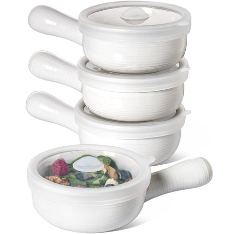 LE TAUCI soup bowls with handles and silicone lids for even heating and mess-free serving.