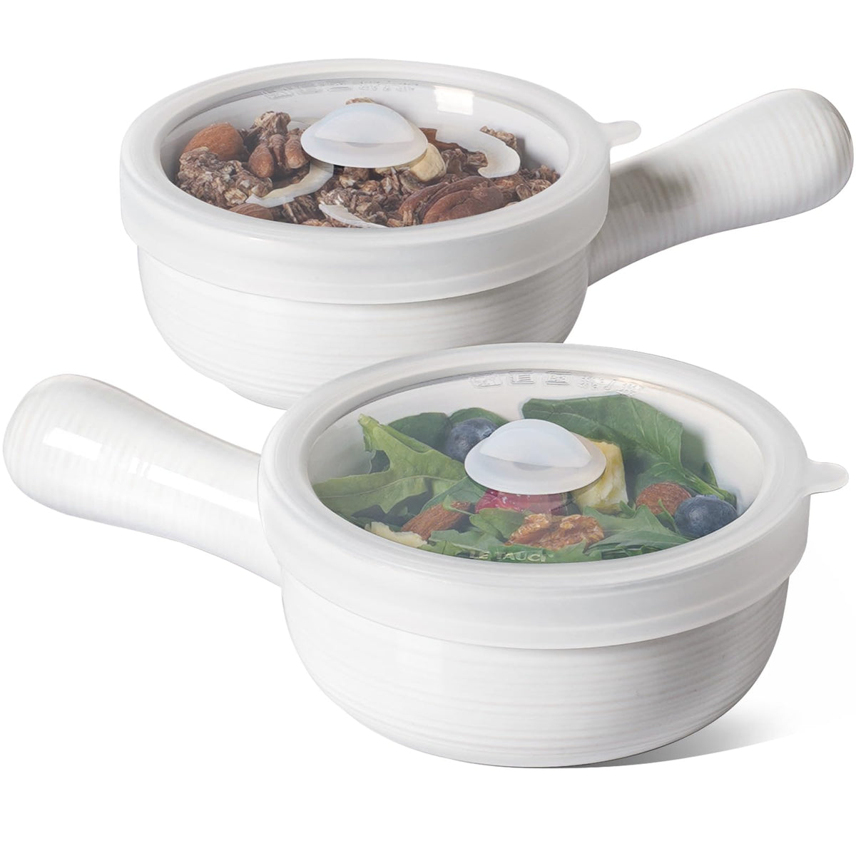 LE TAUCI soup bowls with handles and silicone lids for easy, spill-resistant serving