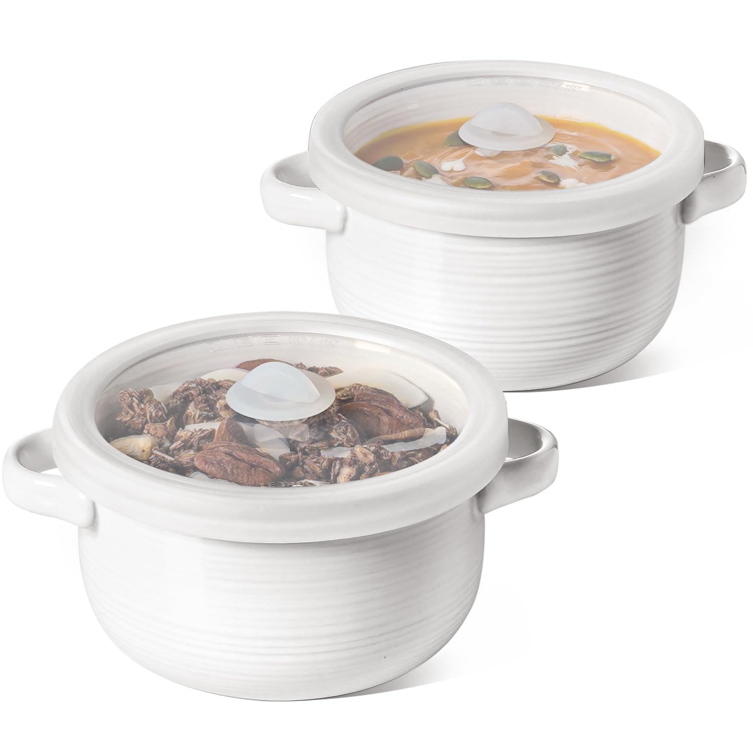 LE TAUCI soup bowls with handles and silicone lids for easy serving and airtight storage.