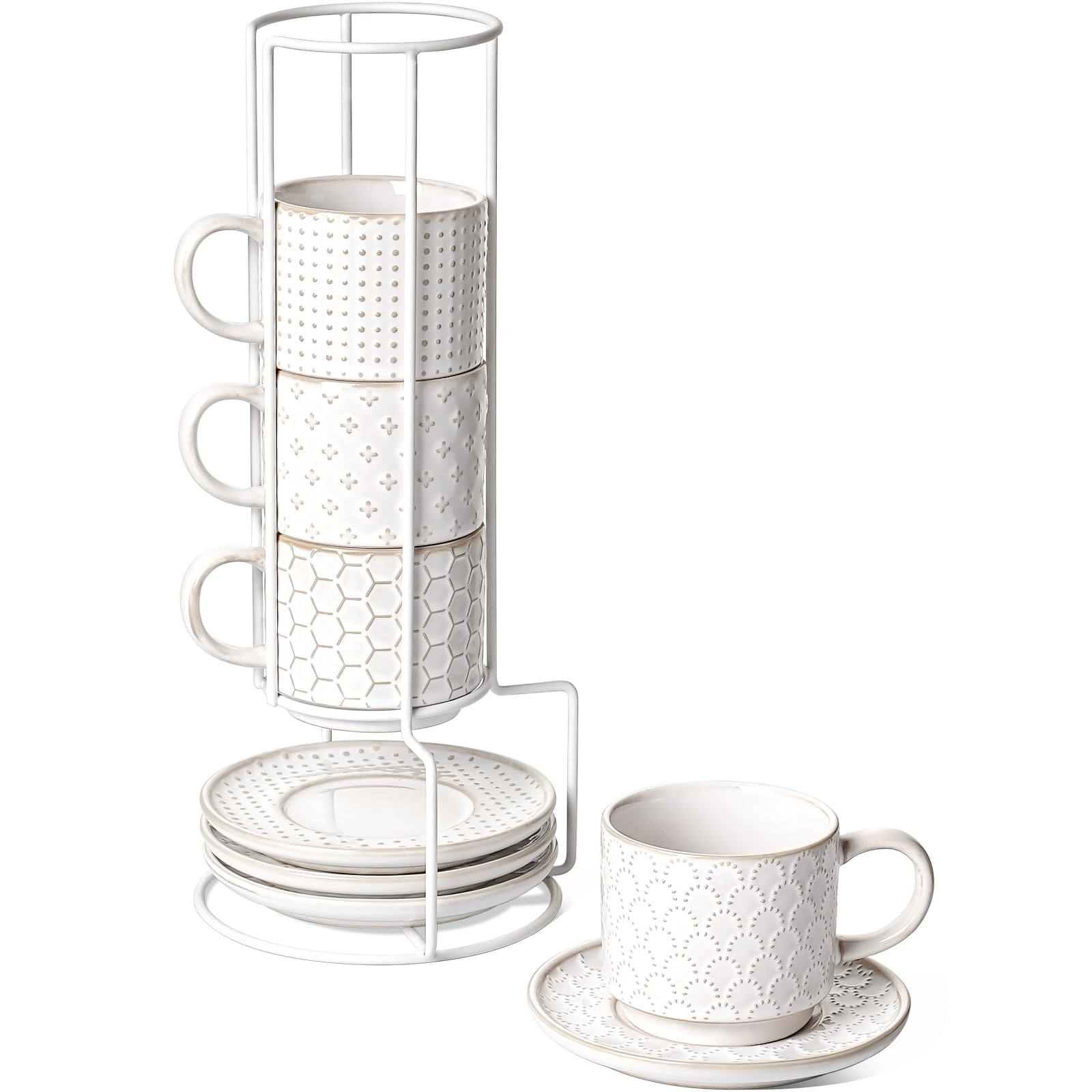 LE TAUCI stackable cappuccino cups on a metal stand, ideal for compact kitchen storage.