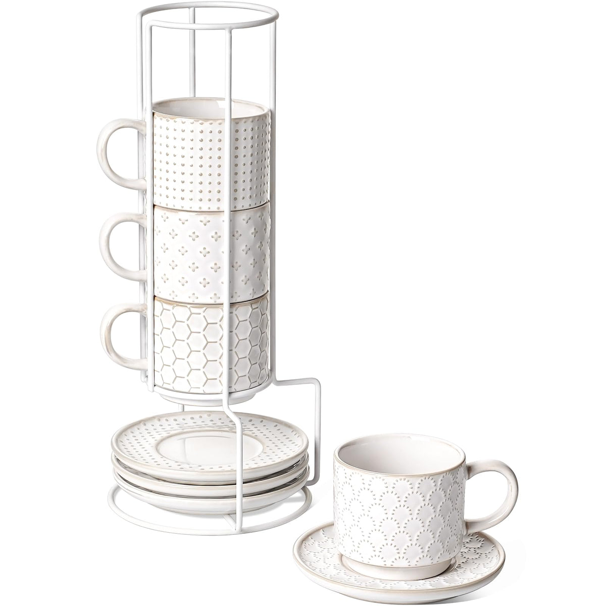 LE TAUCI stackable cappuccino cups on a metal stand, ideal for compact kitchen storage.