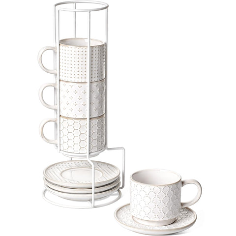 LE TAUCI stackable cappuccino cups on a metal stand, ideal for compact kitchen storage.